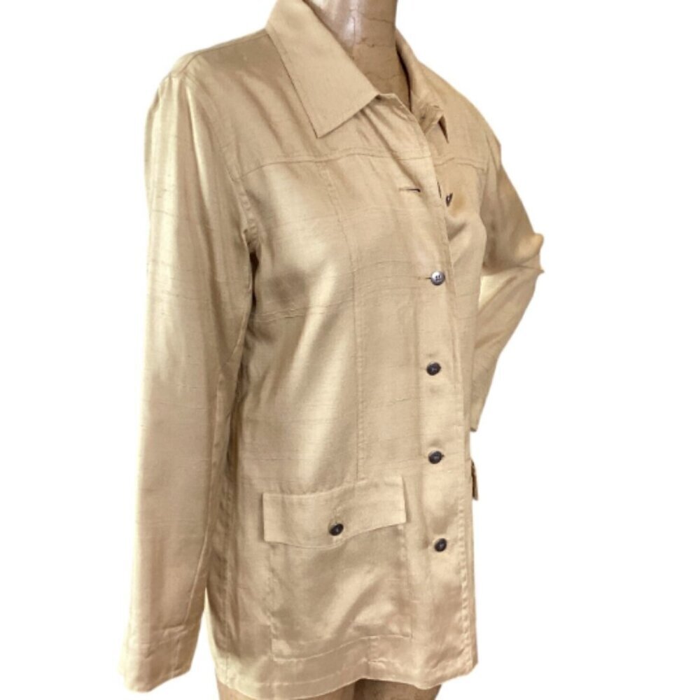 Chico's Design Button Up 100% Silk Shirt Sz 1 (M/8)‎ Beige-Gold #315N